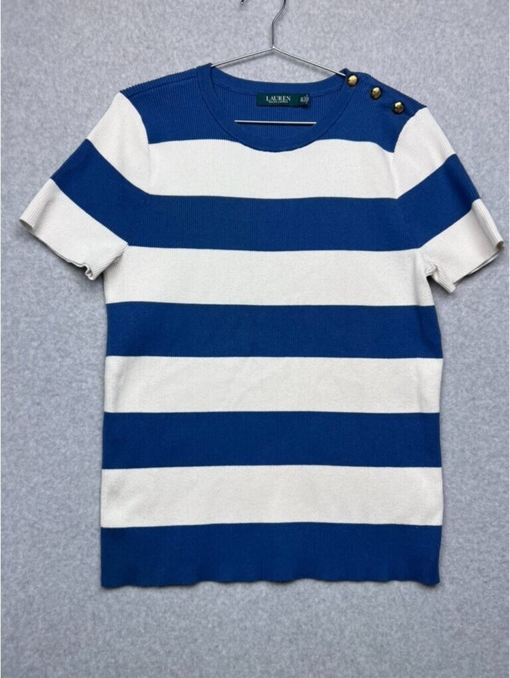 Lauren Ralph Lauren Striped Sweater Womens 2X Blue Gold Buttons Nautical Old Mon